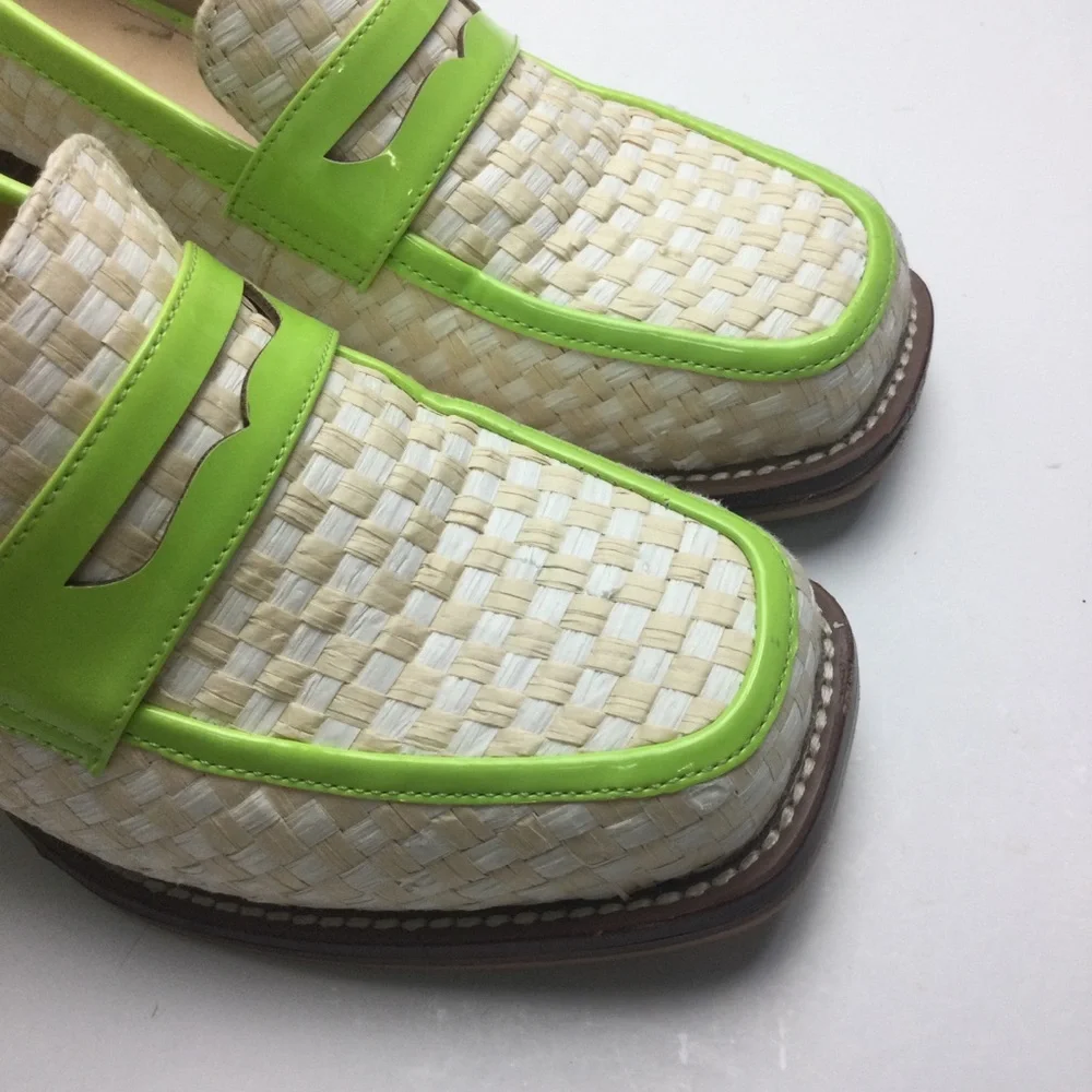 Urban Outfitters Lexi Woven Checkerboard Faux Patent Square Toe Heeled Loafers - Picture 9 of 12
